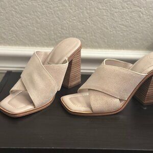 Marc Fisher Tan and Cream Mules